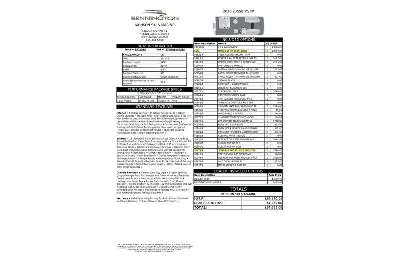 Slide: The Image of 2026 Bennington 23 SSBSF boat specifications and pricing details sheet. - 23