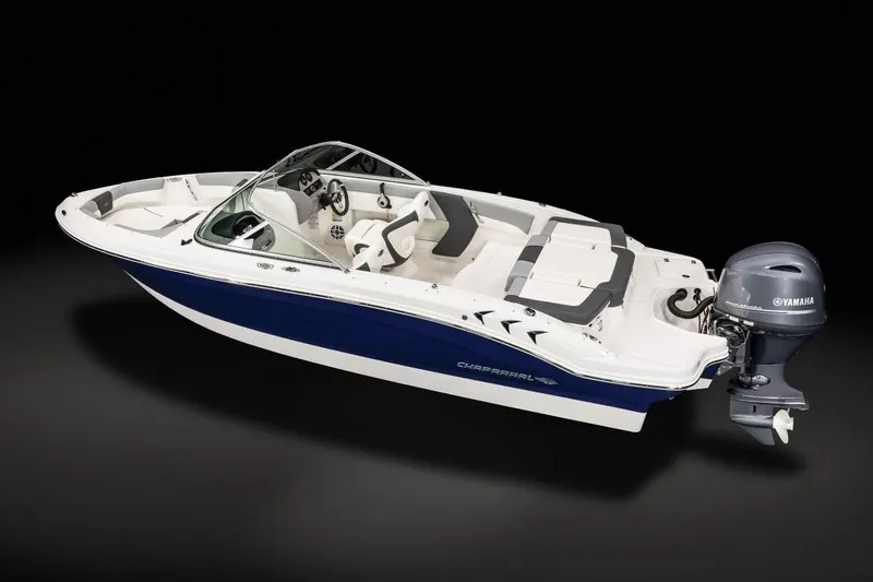 Slide: The Image of Manufacturer Provided Image: 2025 Chaparral 19 SSi OB boat with Yamaha outboard motor, sleek design, white and blue color scheme. - 11