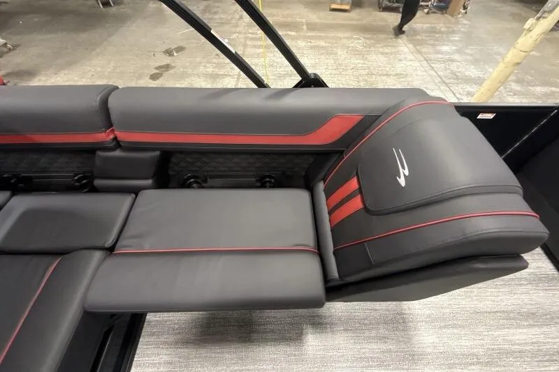 Slide: The Image of Luxurious seating on 2026 Bennington 23 SSBSF boat with sleek black and red design. - 16