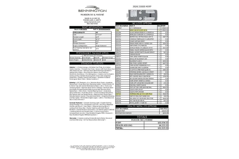 Slide: The Image of 2026 Bennington 23 SSBSF boat specifications and pricing details sheet. - 24