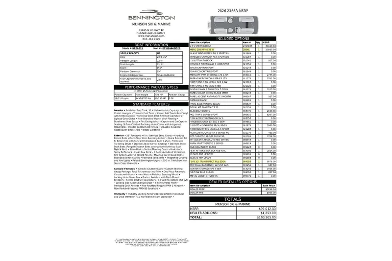 Slide: The Image of 2026 Bennington 23 SSRSF boat specifications and pricing details sheet. - 11