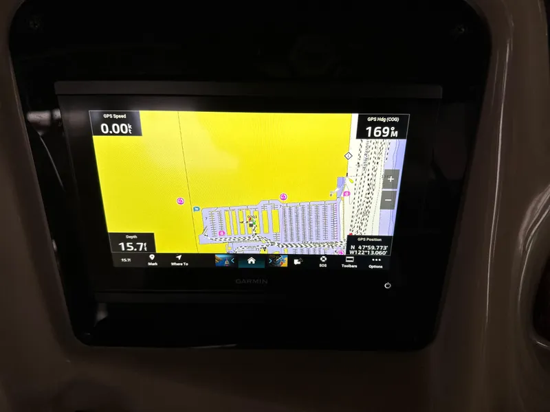 Slide: The Image of Garmin GPS display on 2005 Sea Ray 320 Sundancer boat dashboard. - 10