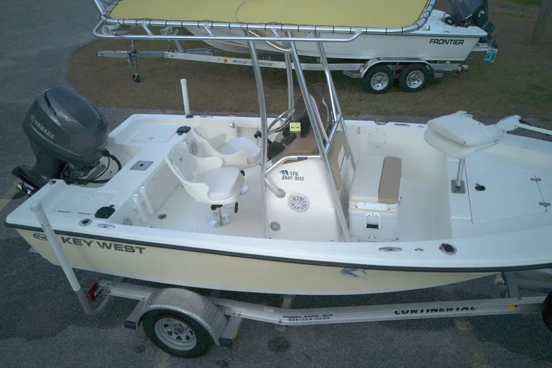 Slide: The Image of 2014 Key West 176 Bay Reef boat on trailer with Yamaha outboard motor. - 6