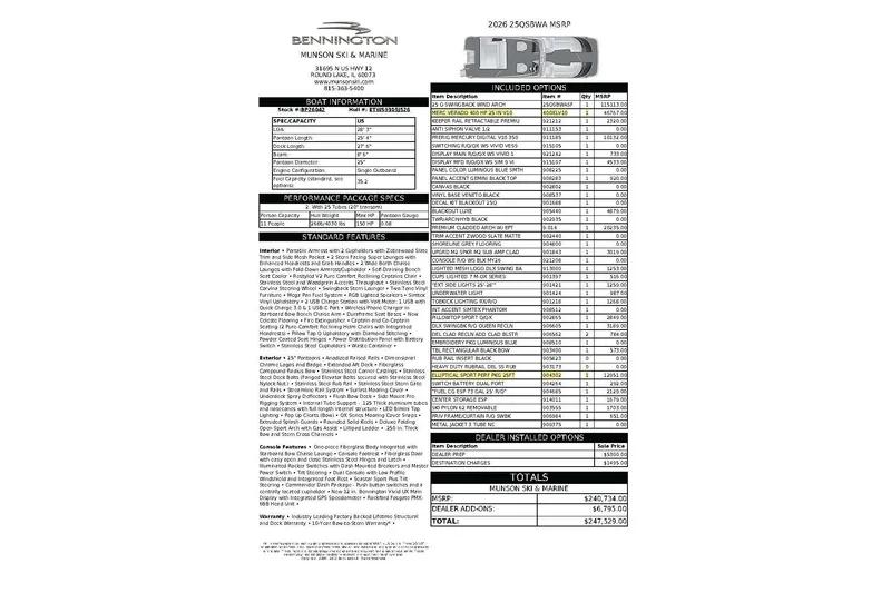 Slide: The Image of 2026 Bennington 25 QSBWASE boat specifications and pricing details sheet. - 1
