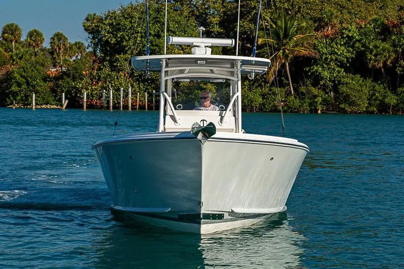 Slide: The Image of 2021 Albury Brothers 33 boat cruising on a sunny day, surrounded by lush greenery. - 3