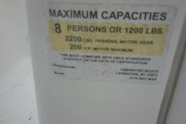 Slide: The Image of 2021 Tidewater 2110 Bay Max capacity label: 8 persons, 1200 lbs, 200 HP max. - 19