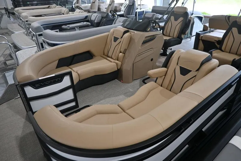 Slide: The Image of Luxurious 2026 Evotti 723CS pontoon boat with plush seating and modern design. - 2