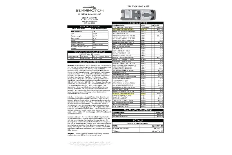 Slide: The Image of 2026 Bennington 25 QXSBWASF boat specifications and options list. - 25