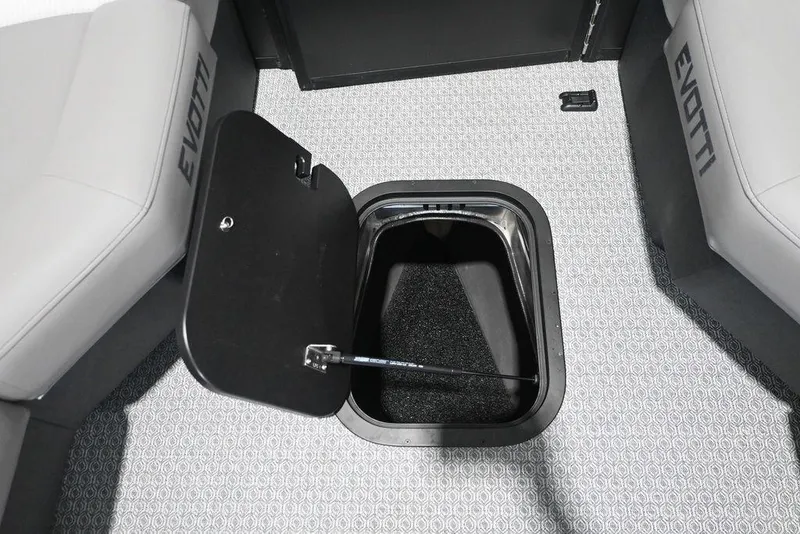 Slide: The Image of Open storage compartment in 2026 Evotti 723QL boat interior with gray seating. - 12