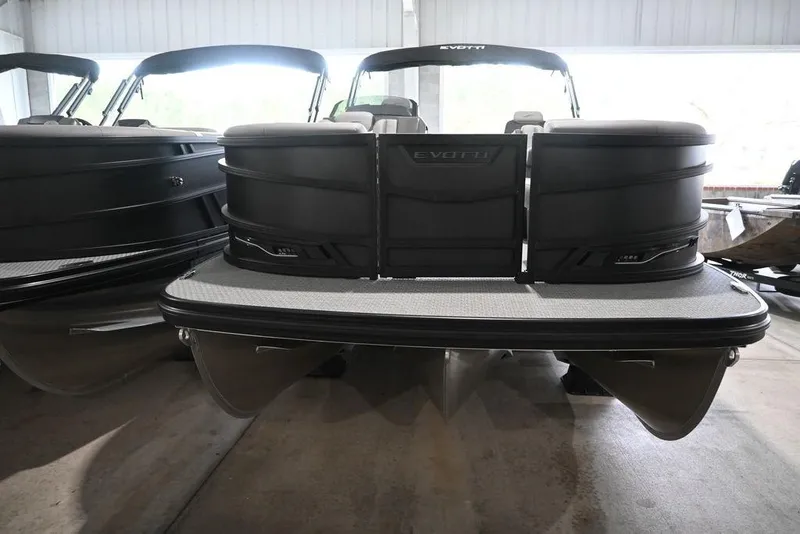 Slide: The Image of 2026 Evotti 723QL pontoon boat in a showroom, showcasing sleek design and modern features. - 7