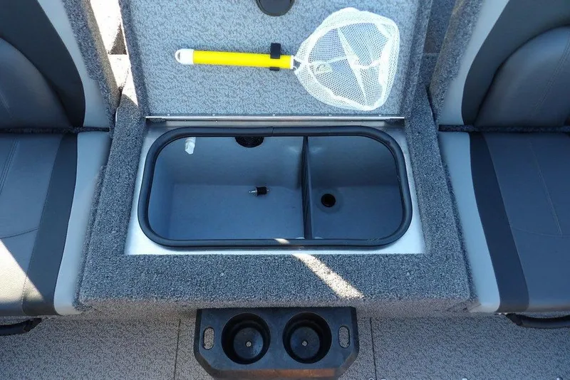 Slide: The Image of 2025 Lund 1775 Adventure SS boat interior with livewell and fishing net. - 17