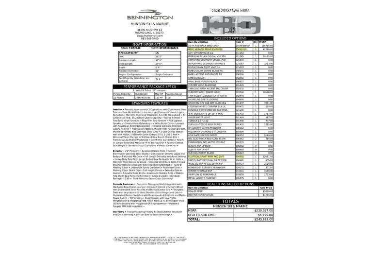 Slide: The Image of 2026 Bennington 25 RXFBWAS boat specifications and options list with pricing details. - 1