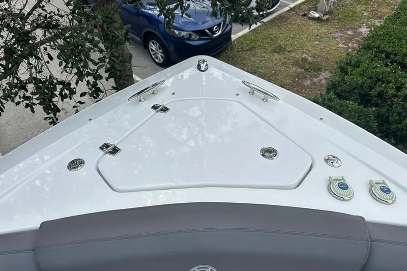 Slide: The Image of 2019 Cruisers Yachts 338 Outboard bow with sleek design and stainless steel fittings. - 12