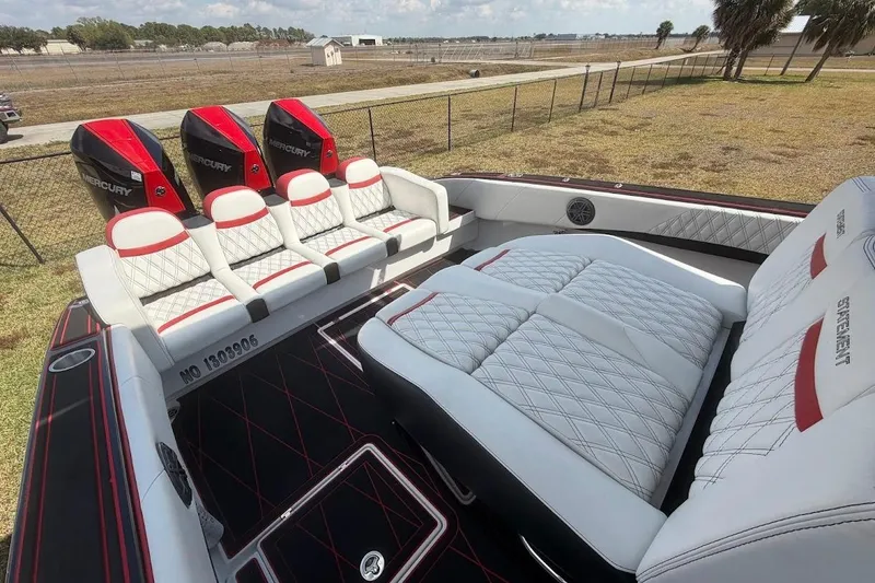 Slide: The Image of 2018 Statement 380 Open boat with luxurious seating and Mercury engines. - 10