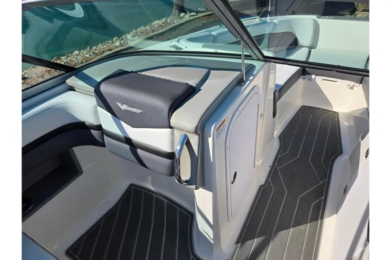 Slide: The Image of 2018 Chaparral Vortex 223 VR boat interior with sleek seating and modern design. - 15