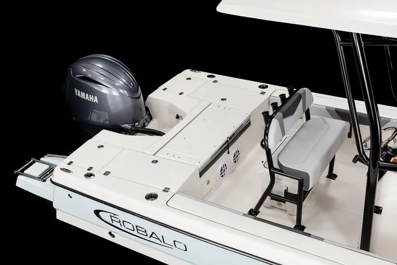 Slide: The Image of 2026 Robalo 226 Cayman boat with Yamaha engine, featuring sleek seating and modern design. - 3
