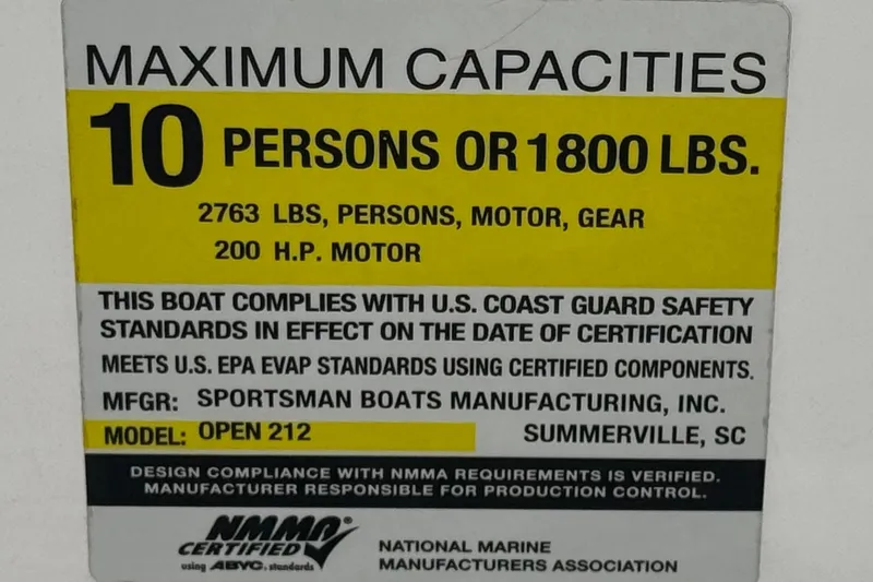 Slide: The Image of 2022 Sportsman Open 212 Center Console capacity label, 10 persons or 1800 lbs, 200 HP motor. - 50