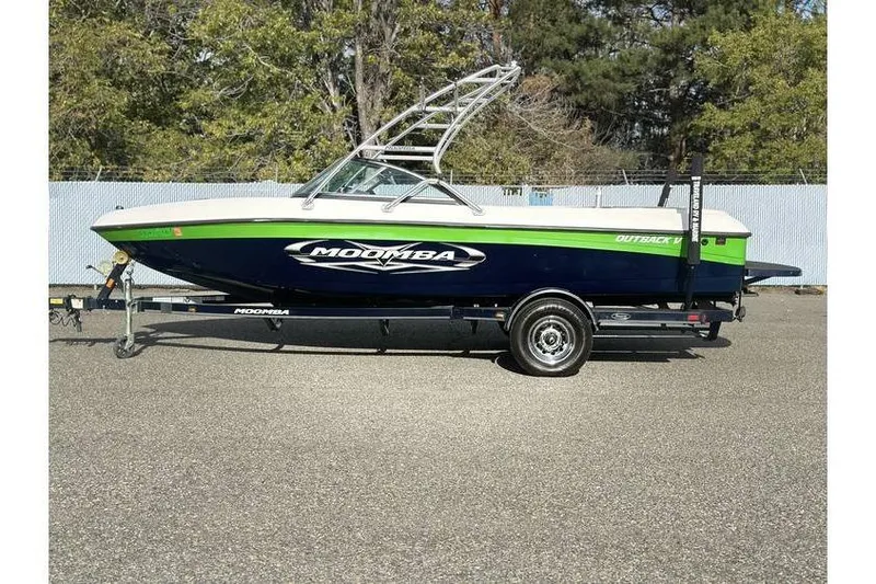 Slide: The Image of 2009 Moomba Outback V boat on trailer, featuring sleek design and vibrant colors. - 2
