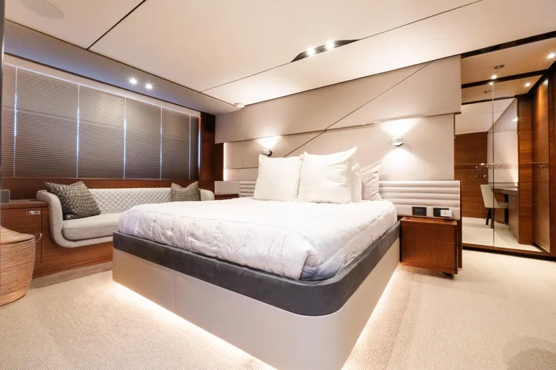 Slide: The Image of Luxurious bedroom interior of 2019 Princess S78 yacht with modern design and elegant furnishings. - 13
