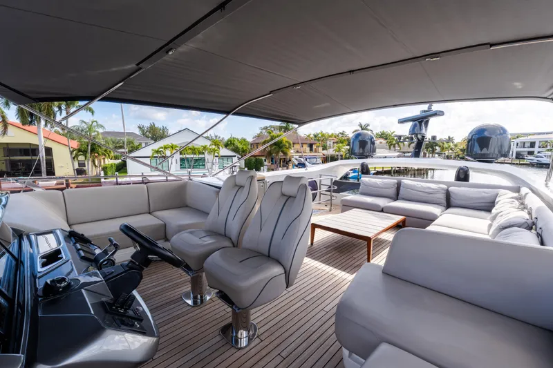 Slide: The Image of Luxurious 2019 Princess S78 yacht deck with plush seating and modern helm. - 27