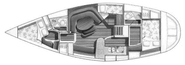 Slide: The Image of Floor plan of a 1992 Hunter 43 sailboat, featuring cabins, galley, and seating area. - 48