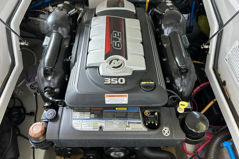 Slide: The Image of 2019 Crownline Eclipse E285 engine, featuring a powerful 6.2L Mercury 350 motor. - 6