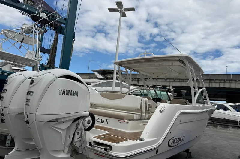 Slide: The Image of 2024 Robalo R317 Dual Console boat with Yamaha engines, docked under a cloudy sky. - 26
