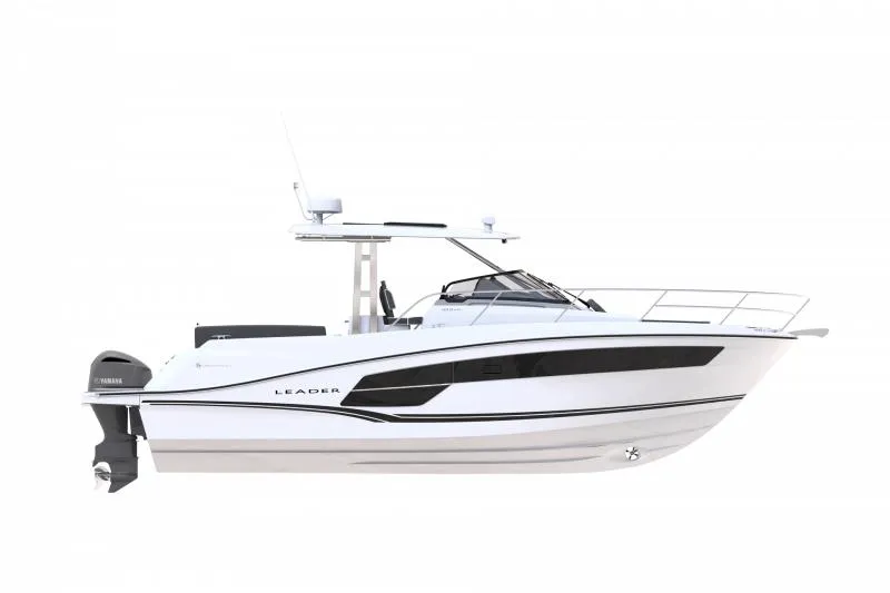 Slide: The Image of 2024 Jeanneau Leader 12.5 WA boat, sleek design, side view, white hull, modern features. - 34