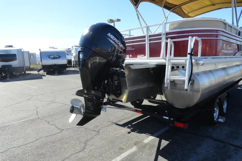 Slide: The Image of 2021 Sun Tracker Party Barge 22 XP3 dashboard showing engine hours and maintenance status. - 27