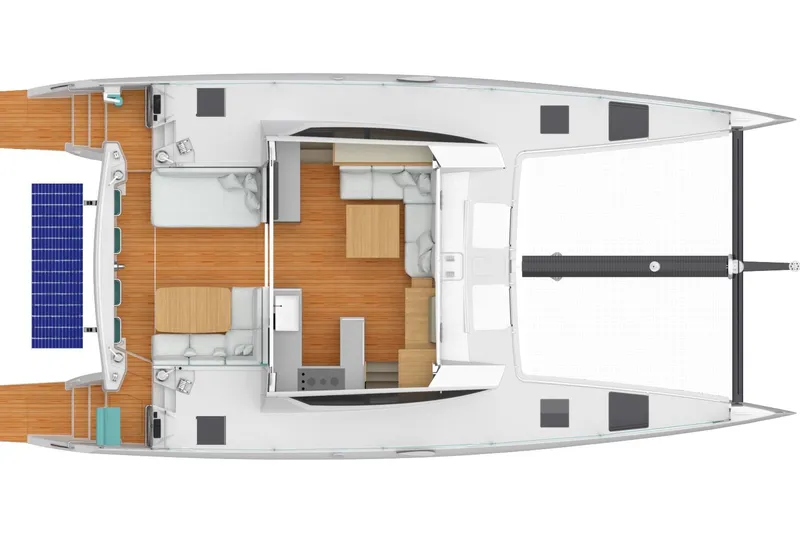 Slide: The Image of Top view of 2025 C-Catamarans 48, featuring spacious interior layout and solar panels. - 3