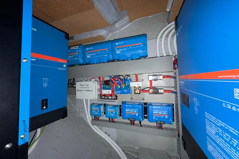 Slide: The Image of Electrical system of a 2025 C-Catamarans 48, featuring Victron Energy components. - 70