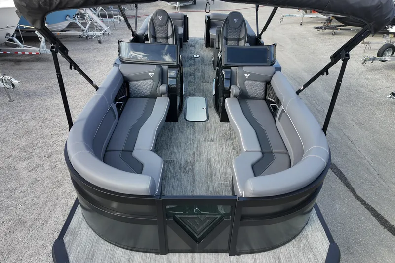 Slide: The Image of 2026 Viaggio Diamante D24U pontoon boat with luxurious gray seating and modern design. - 6