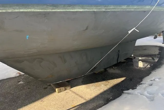 Slide: The Image of 1987 Irwin 43 Mk II Cruiser hull on blocks, winter setting. - 15