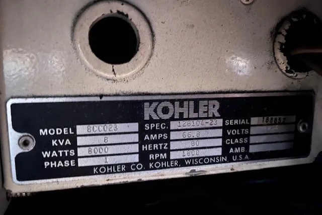 Slide: The Image of Kohler generator label on 1987 Irwin 43 Mk II Cruiser, model 8CC023, 8000 watts, 60 Hz. - 61