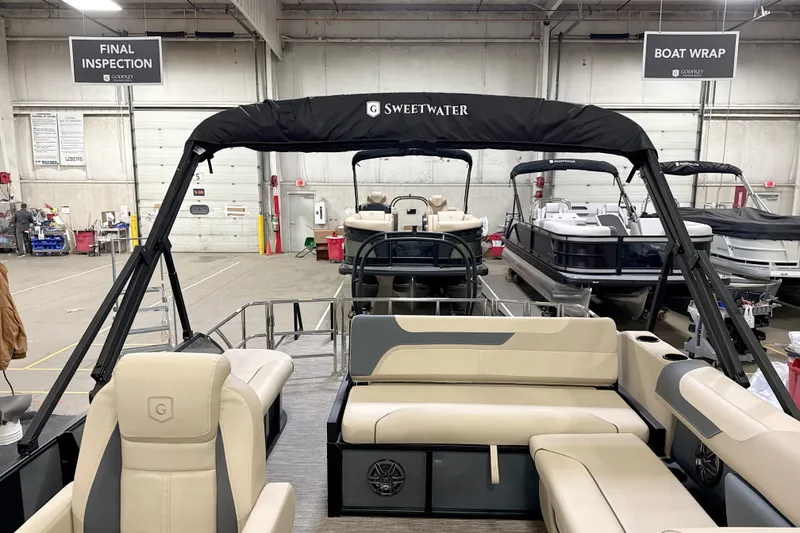 Slide: The Image of 2026 Godfrey Sweetwater 2286 SFL pontoon boat in factory inspection area. - 12
