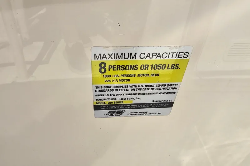 Slide: The Image of Capacity label for 2016 Scout 210 XSF boat, 8 persons or 1050 lbs, 225 HP motor. - 35