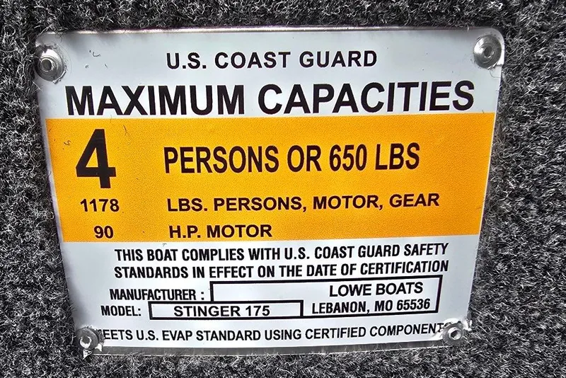 Slide: The Image of 2026 Lowe Stinger 175 capacity plate, 4 persons or 650 lbs, U.S. Coast Guard compliant. - 12
