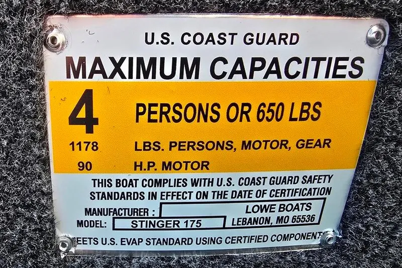 Slide: The Image of U.S. Coast Guard capacity label for 2026 Lowe Stinger 175, 4 persons or 650 lbs. - 9