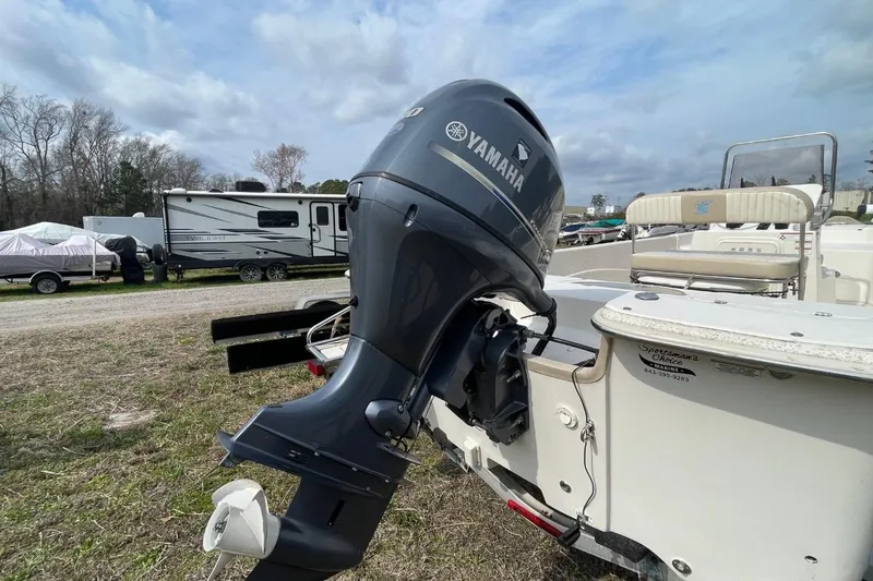 Slide: The Image of 2019 Carolina Skiff 198 DLV with Yamaha outboard motor in a rural setting. - 4
