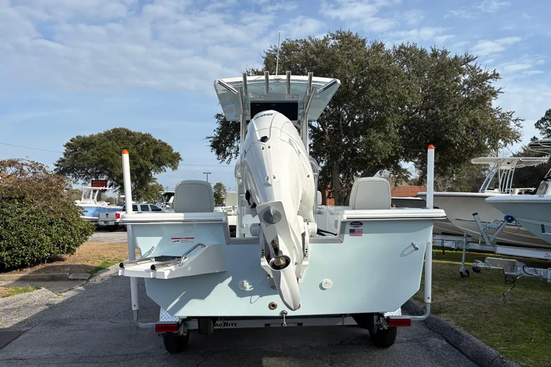 Slide: The Image of Bay Rider 2460 FS Skiff 2026 on trailer, rear view. - 3