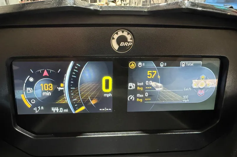 Slide: The Image of 2023 Sea-Doo RXT-X 300 dashboard display showing speed, distance, and fuel metrics. - 10