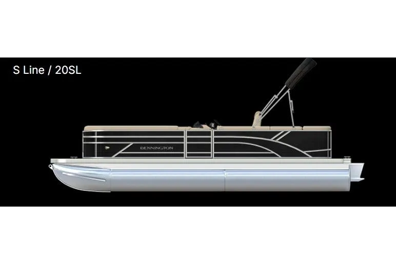 Slide: The Image of 2026 Bennington 20SL pontoon boat, side view, sleek design, black and silver accents. - 11