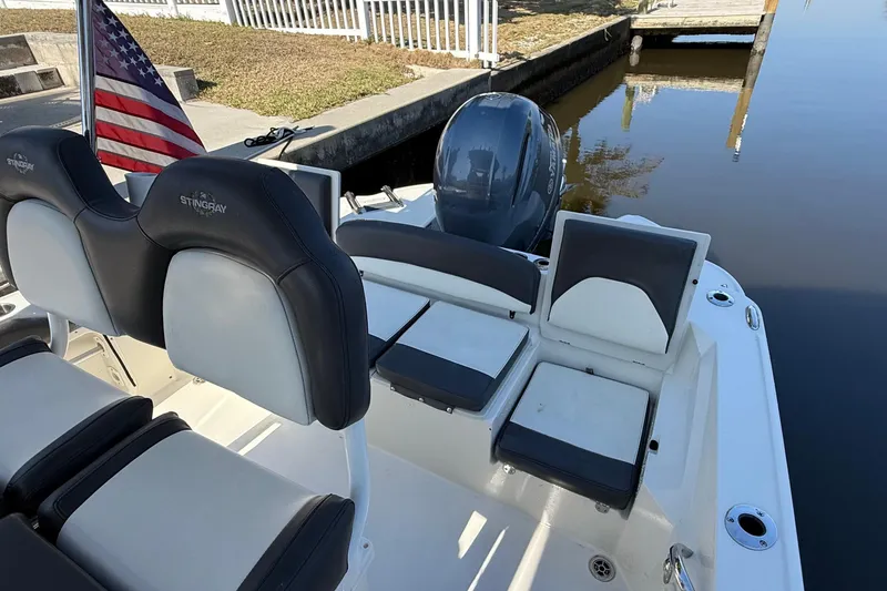 Slide: The Image of 2019 Stingray 236 CC boat on calm water under a partly cloudy sky. - 8