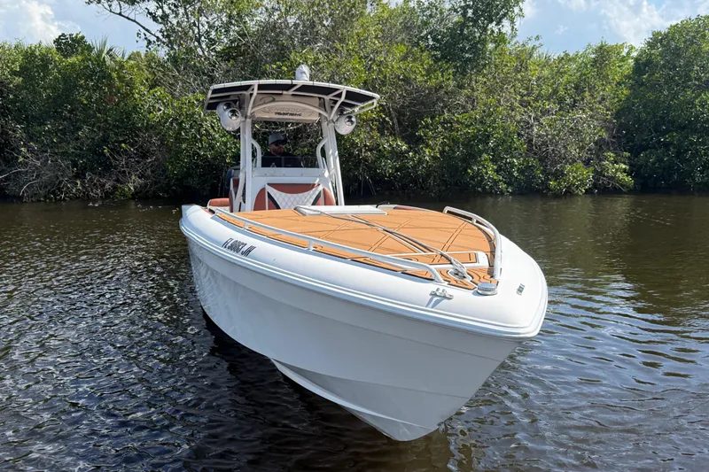 Slide: The Image of 2005 Renegade 29CC boat on calm water, surrounded by lush greenery. - 68