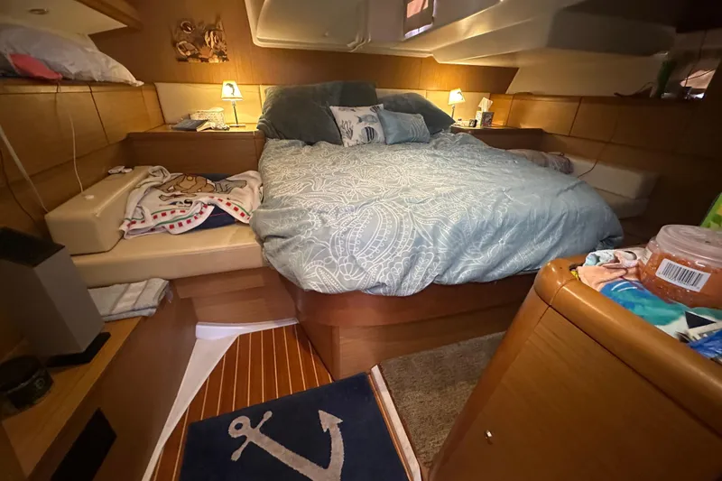 Slide: The Image of Luxurious cabin interior of 2008 Jeanneau Sun Odyssey 45 DS sailboat with cozy bedding. - 18