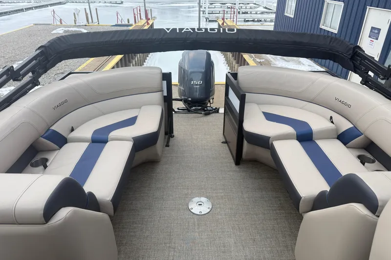 Slide: The Image of 2022 Viaggio Diamante 23U pontoon boat with spacious seating and 150 HP motor. - 15
