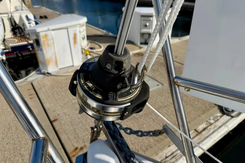 Slide: The Image of Close-up of a Hunter 290 sailboat's rigging system at a marina, year 2000 model. - 17
