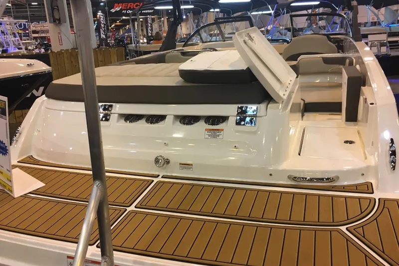 Slide: The Image of 2017 Bayliner VR6 Bowrider I/O with teak deck, showcased at a boat exhibition. - 22