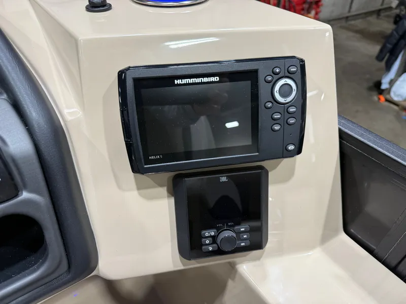 Slide: The Image of 2026 Bentley Pontoons Legacy console with Humminbird and JBL devices. - 15