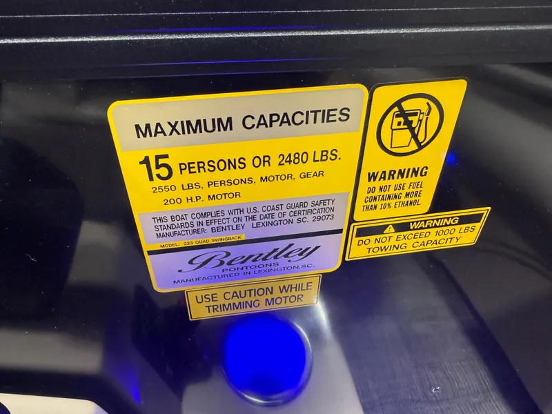 Slide: The Image of Safety label on Bentley Pontoons Legacy 2026 Tritoon. - 16